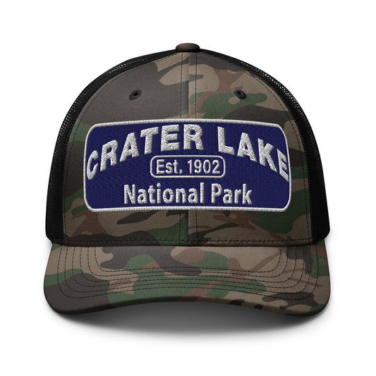 Crater Lake National Park Camo Hat - Blue and White embroidered patch logo - Otto 105-1247 Camo Trucker Hat - Front View - Color: Black/Camo