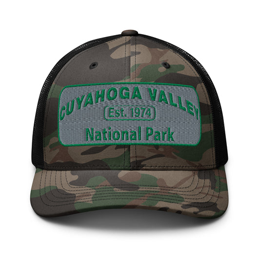 Cuyahoga National Park Camo Hat - Otto 105-1247 Trucker Hat - Front View - Black/Camo
