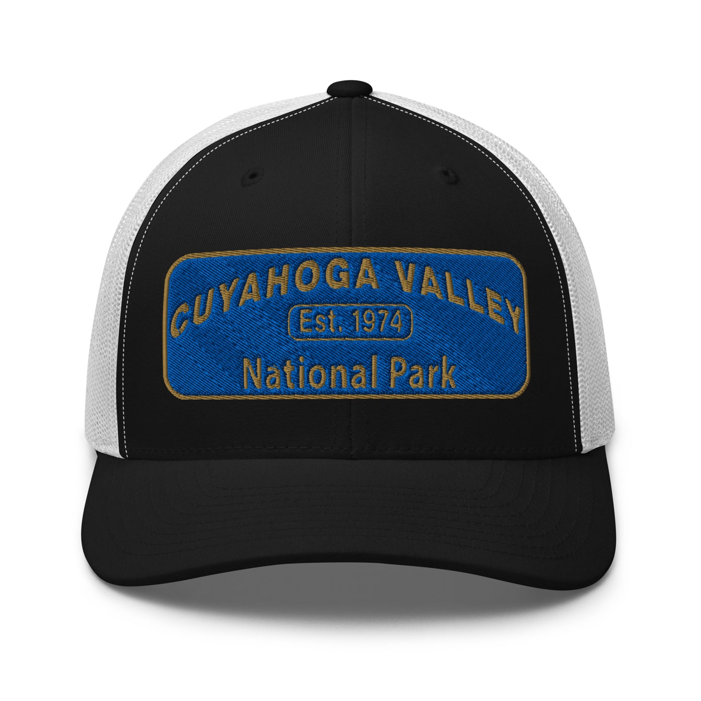 Cuyahoga Valley National Park Hat with a blue and gold embroidered park patch on the front on a Yupoong 6606 black/white trucker hat - front view.