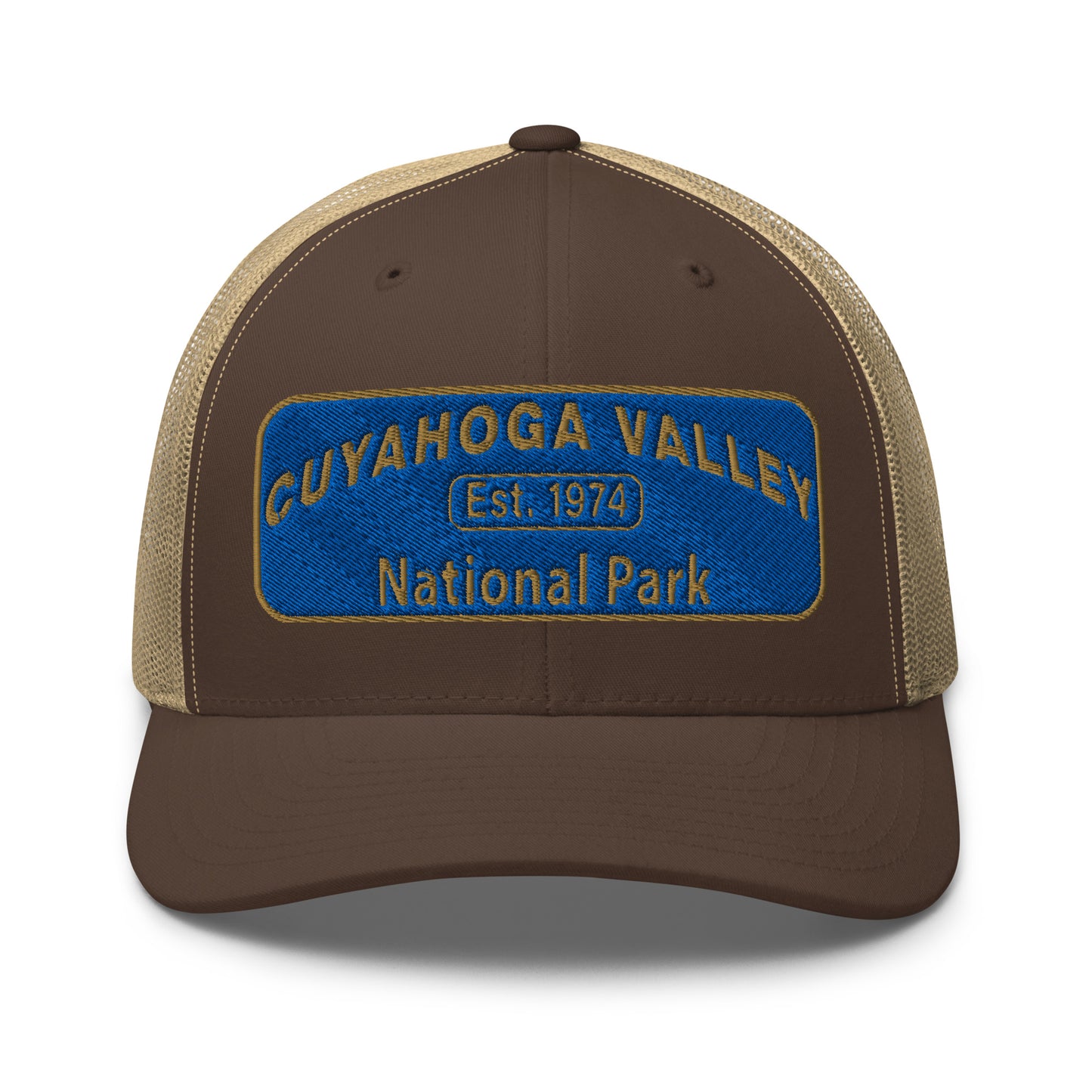 Cuyahoga Valley National Park Hat with a blue and gold embroidered park patch on the front on a Yupoong 6606 brown/khaki trucker hat - front view.