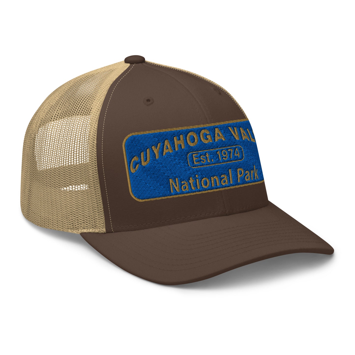 Cuyahoga Valley National Park Hat with a blue and gold embroidered park patch on the front on a Yupoong 6606 brown/khaki trucker hat - side view.