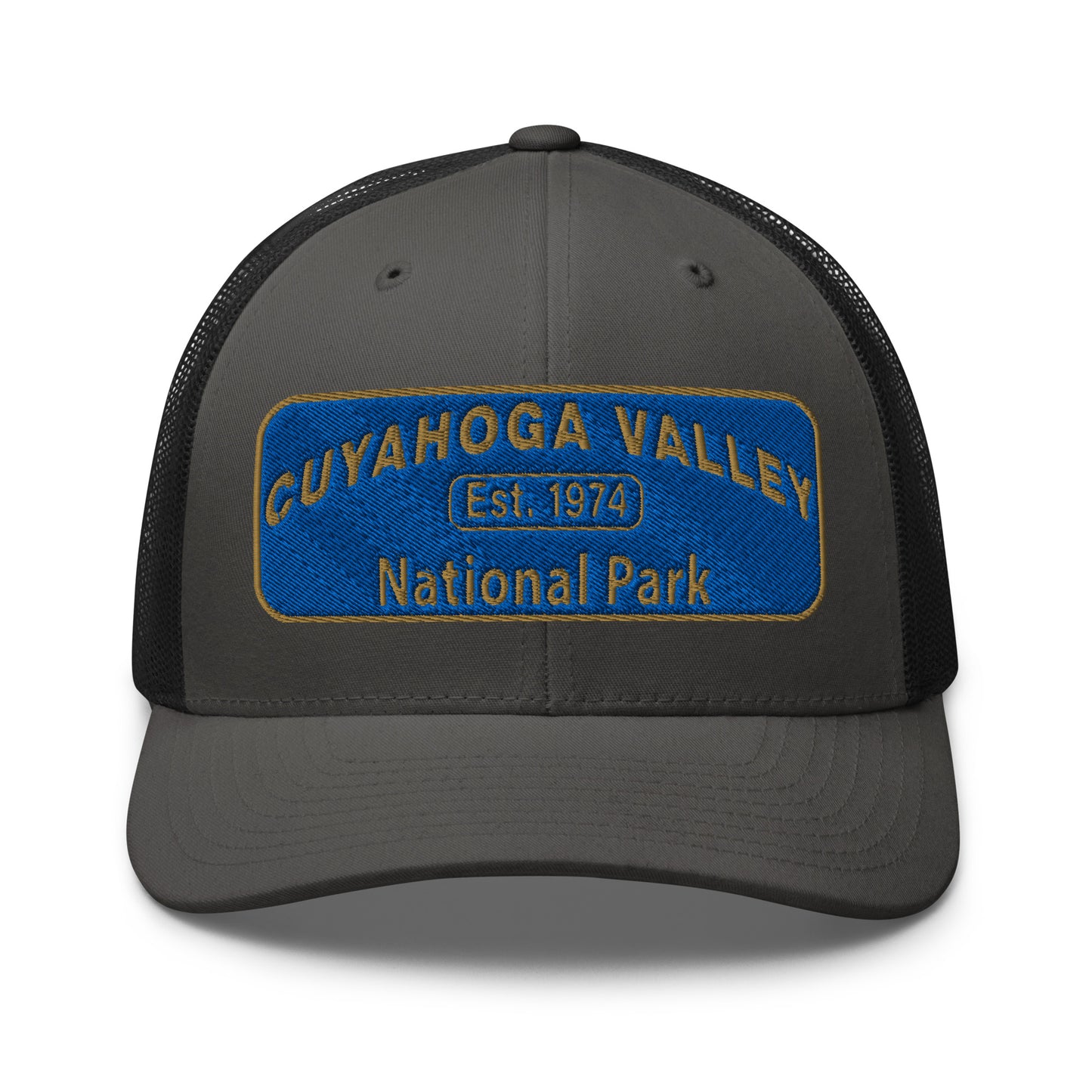 Cuyahoga Valley National Park Hat with a blue and gold embroidered park patch on the front on a Yupoong 6606 charcoal/black trucker hat - front view.