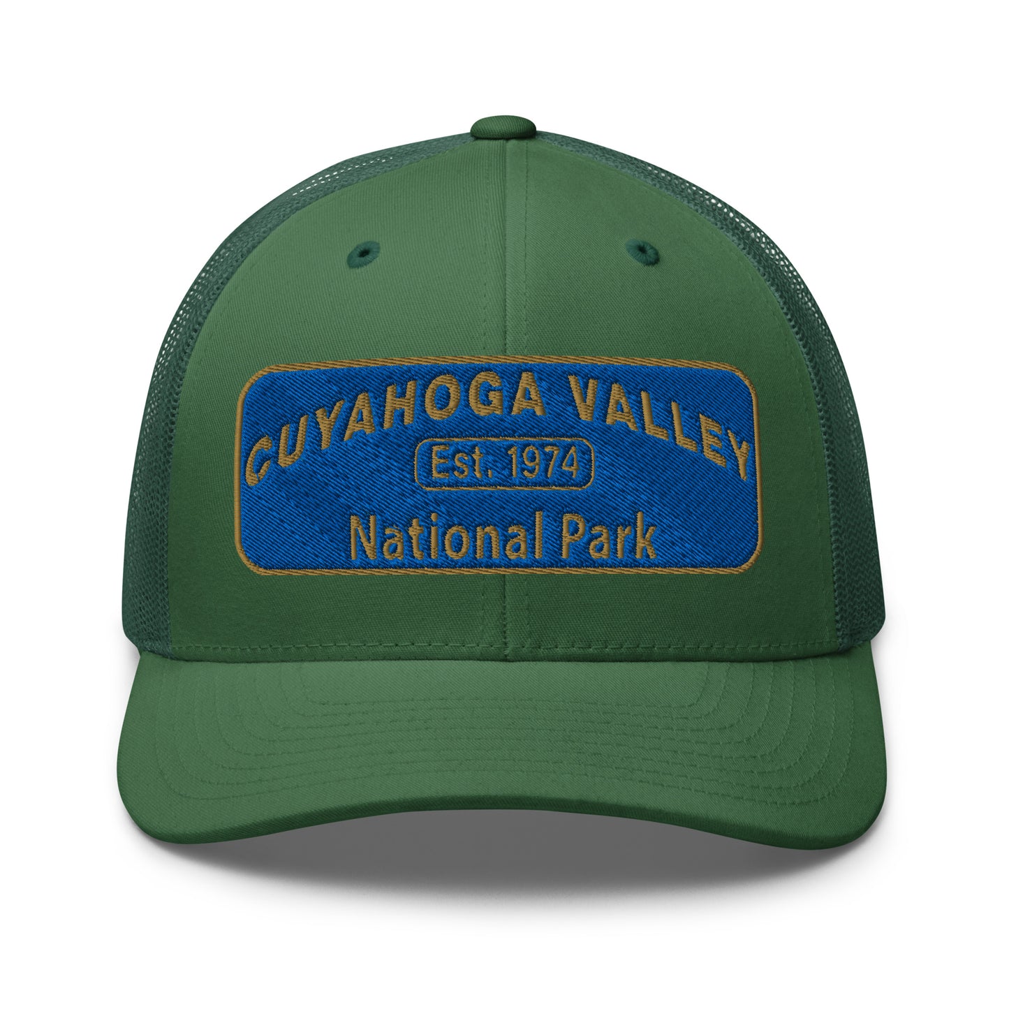 Cuyahoga Valley National Park Hat with a blue and gold embroidered park patch on the front on a Yupoong 6606 evergreen trucker hat - front view.