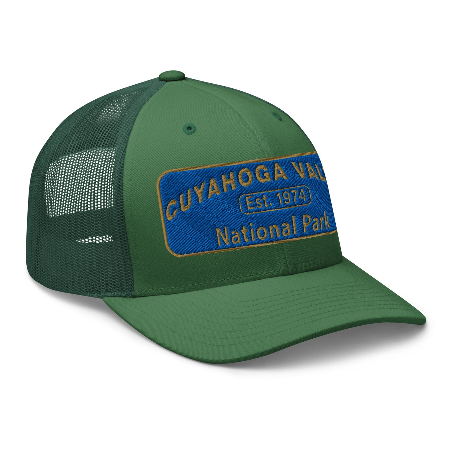 Cuyahoga Valley National Park Hat with a blue and gold embroidered park patch on the front on a Yupoong 6606 evergreen trucker hat - side view.