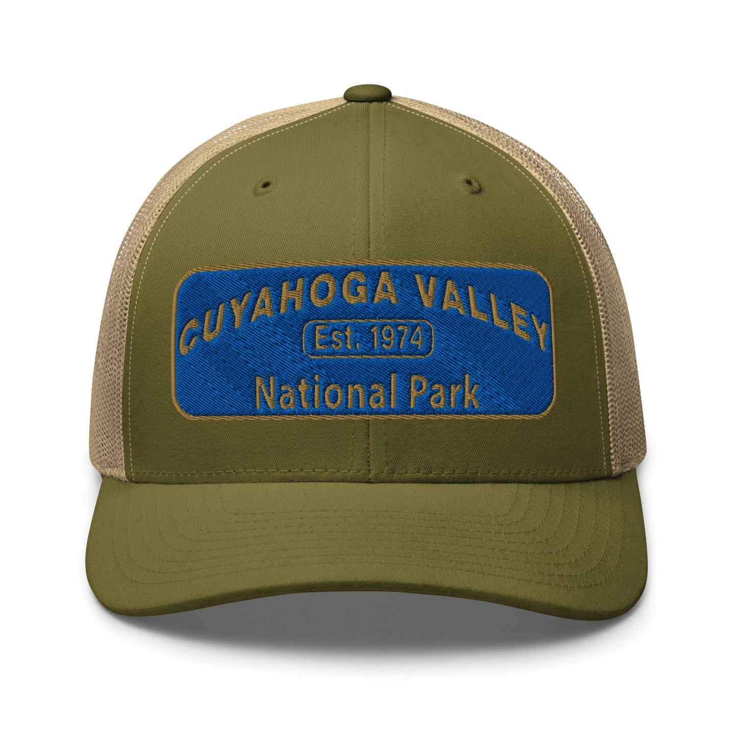 Cuyahoga Valley National Park Hat with a blue and gold embroidered park patch on the front on a Yupoong 6606 moss green/khaki trucker hat - front view.