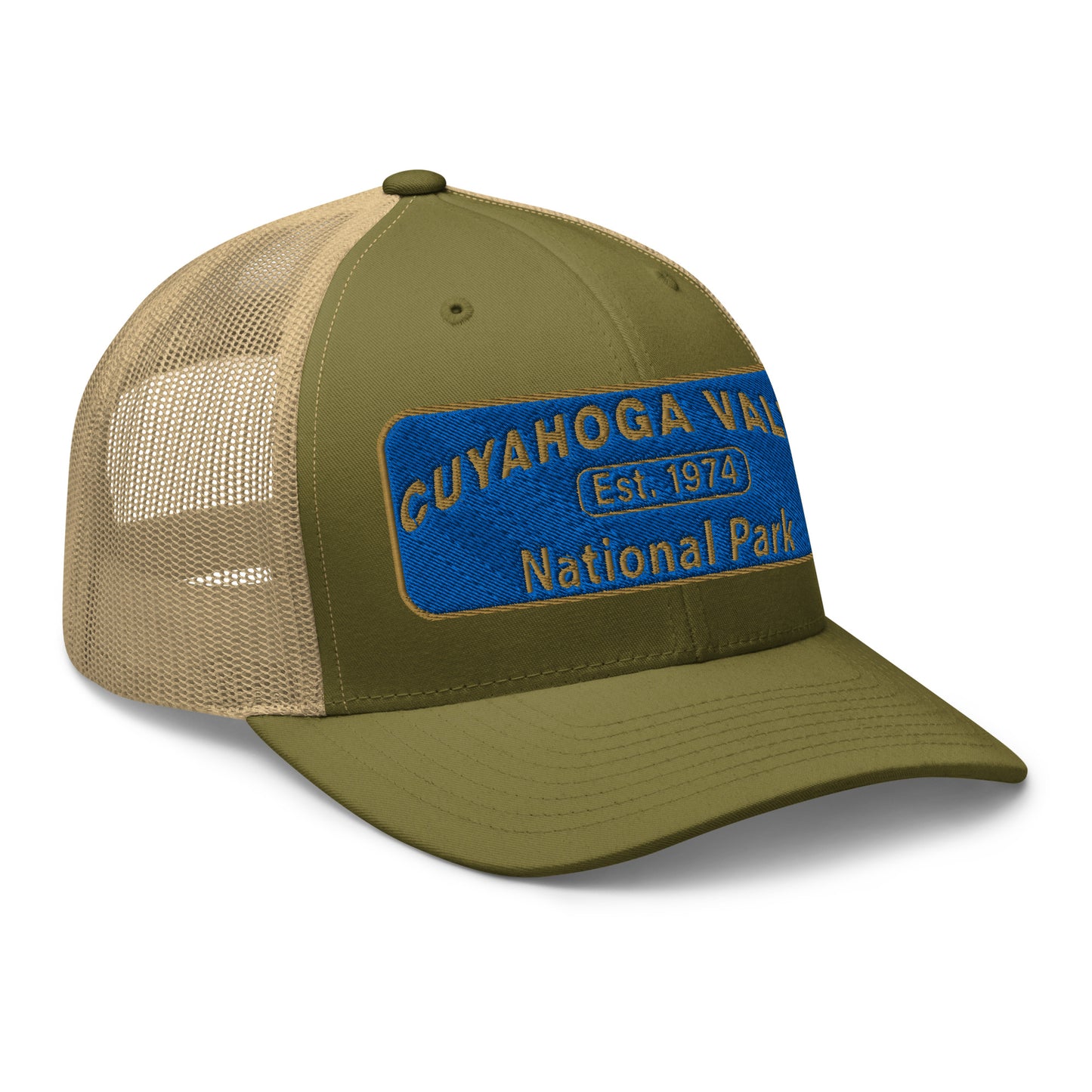 Cuyahoga Valley National Park Hat with a blue and gold embroidered park patch on the front on a Yupoong 6606 moss green/khaki trucker hat - side view.