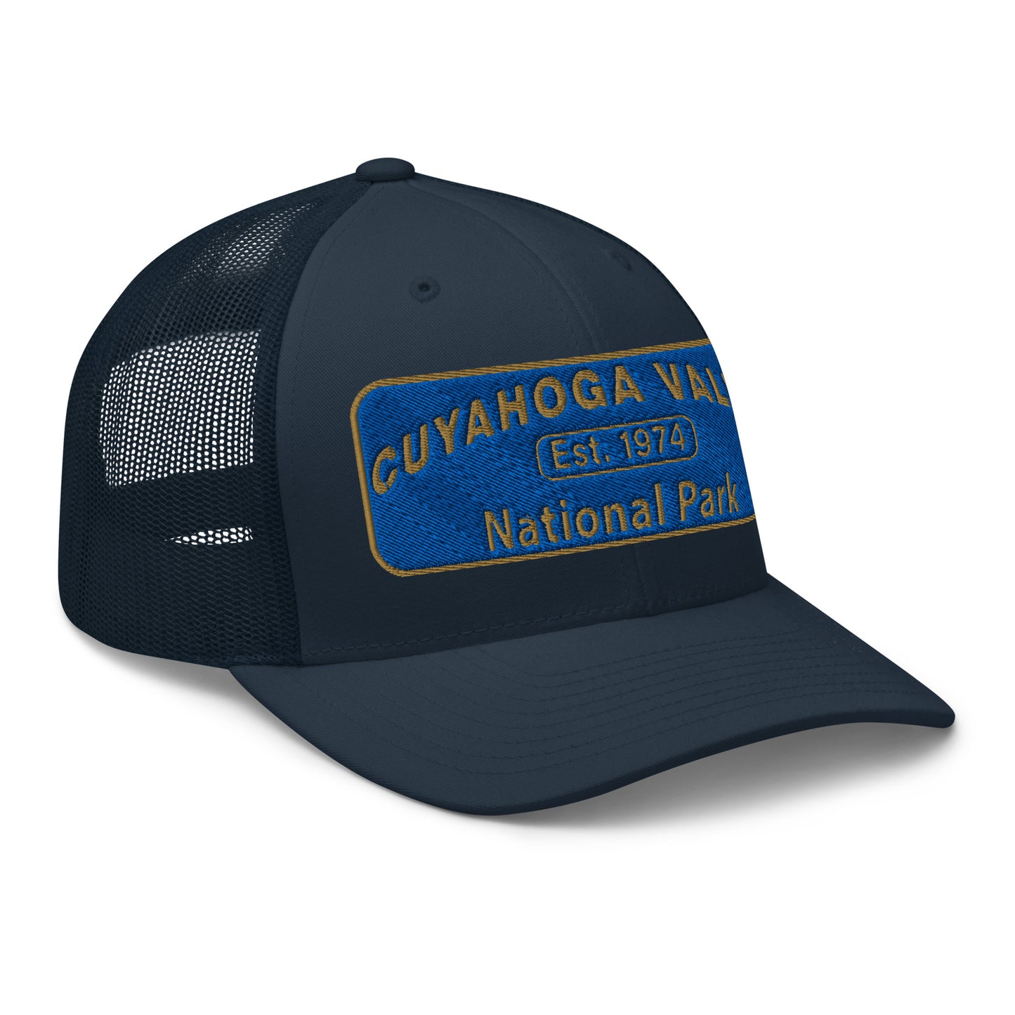 Cuyahoga Valley National Park Hat with a blue and gold embroidered park patch on the front on a Yupoong 6606 navy trucker hat - side view.