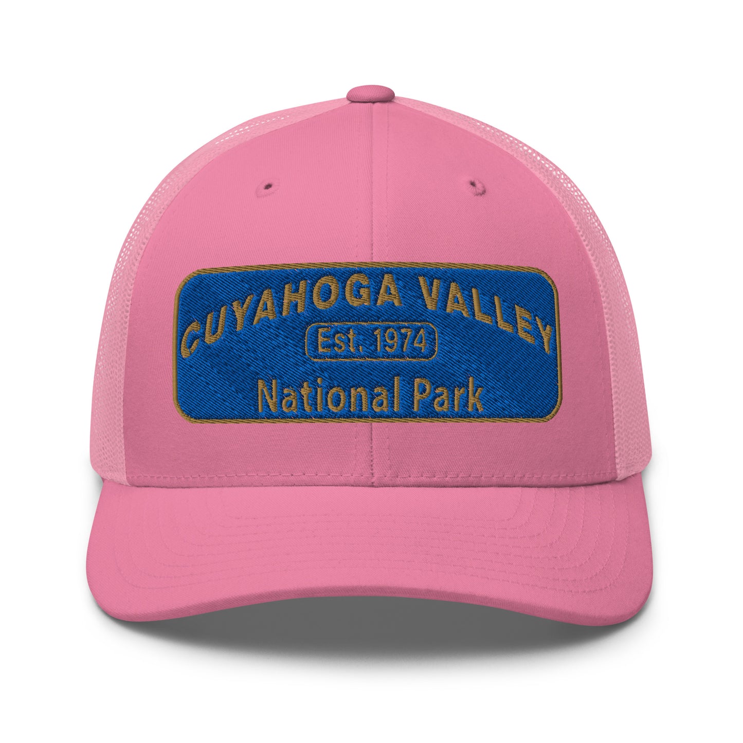 Cuyahoga Valley National Park Hat with a blue and gold embroidered park patch on the front on a Yupoong 6606 pink trucker hat - front view.