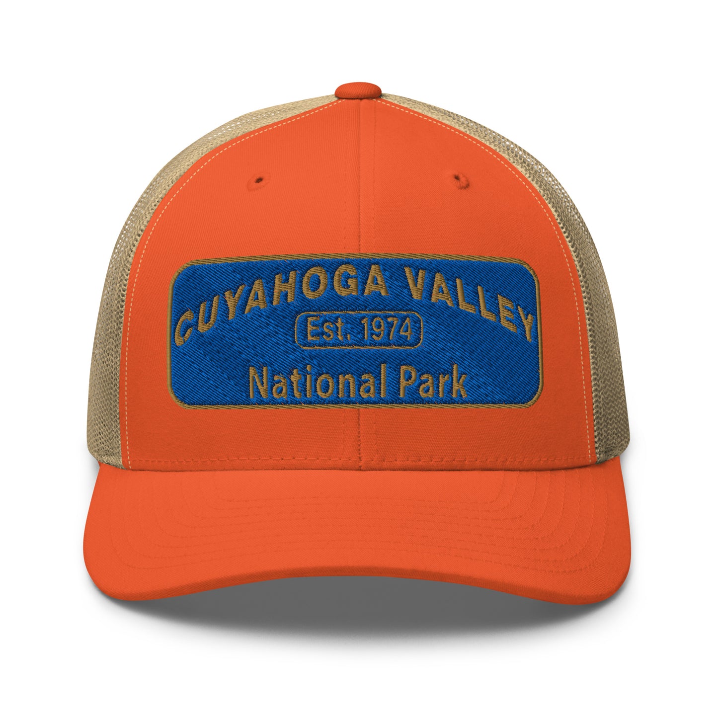 Cuyahoga Valley National Park Hat with a blue and gold embroidered park patch on the front on a Yupoong 6606 orange/khaki trucker hat - front view.
