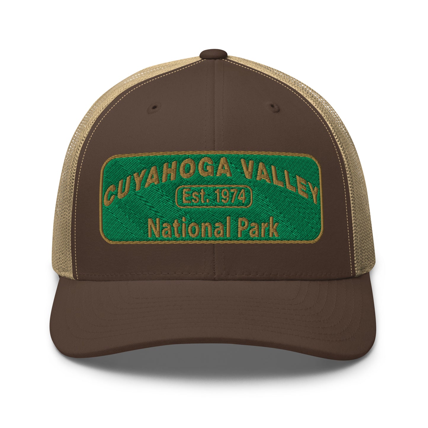 Cuyahoga National Park Hat with a green and gold embroidered national park styled patch on the front of a Yupoong 6606 brown/khaki trucker hat - front view.