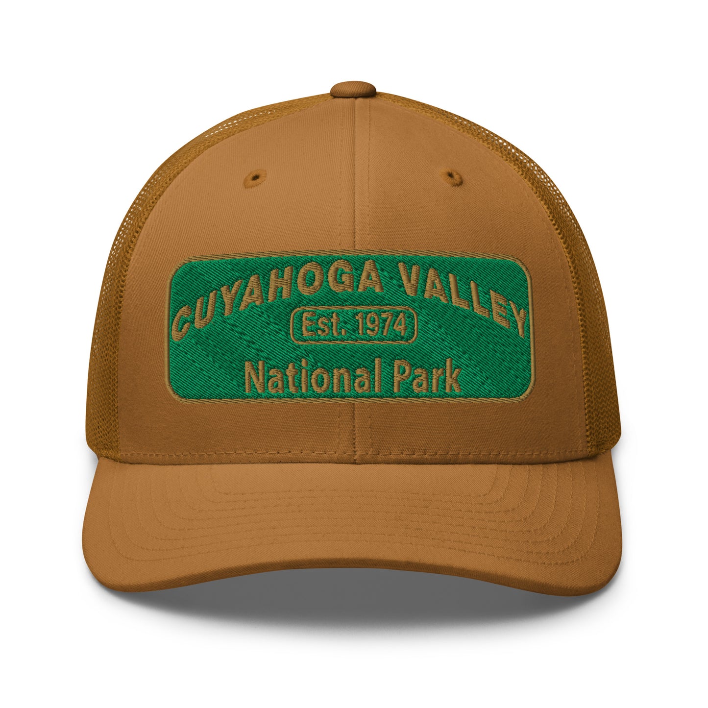 Cuyahoga National Park Hat with a green and gold embroidered national park styled patch on the front of a Yupoong 6606 caramel trucker hat - front view.