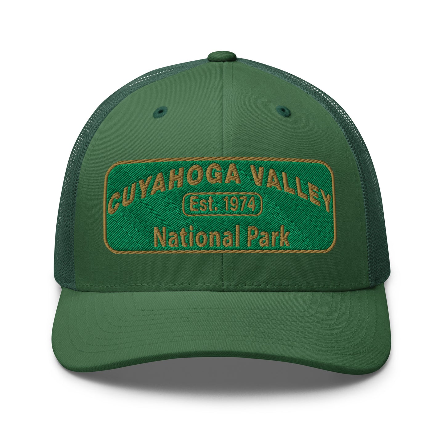 Cuyahoga National Park Hat with a green and gold embroidered national park styled patch on the front of a Yupoong 6606 evergreen trucker hat - front view.