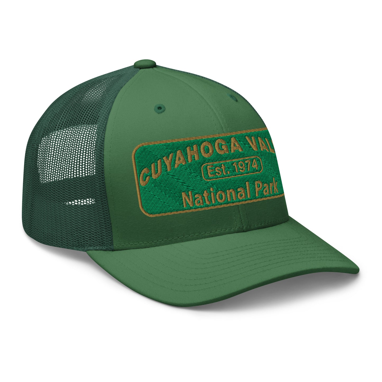Cuyahoga National Park Hat with a green and gold embroidered national park styled patch on the front of a Yupoong 6606 evergreen trucker hat - side view.