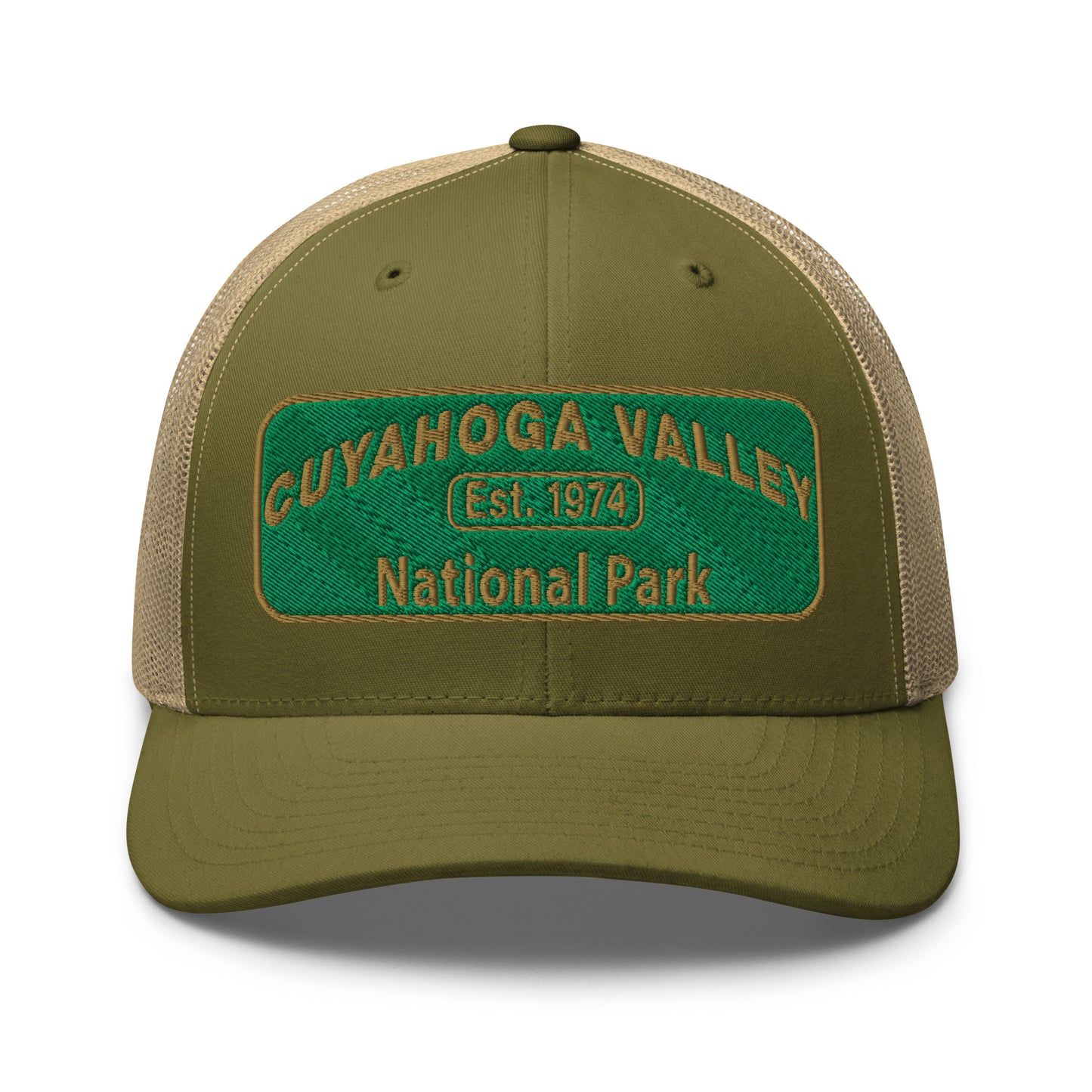 Cuyahoga National Park Hat with a green and gold embroidered national park styled patch on the front of a Yupoong 6606 moss green/khaki trucker hat - front view.