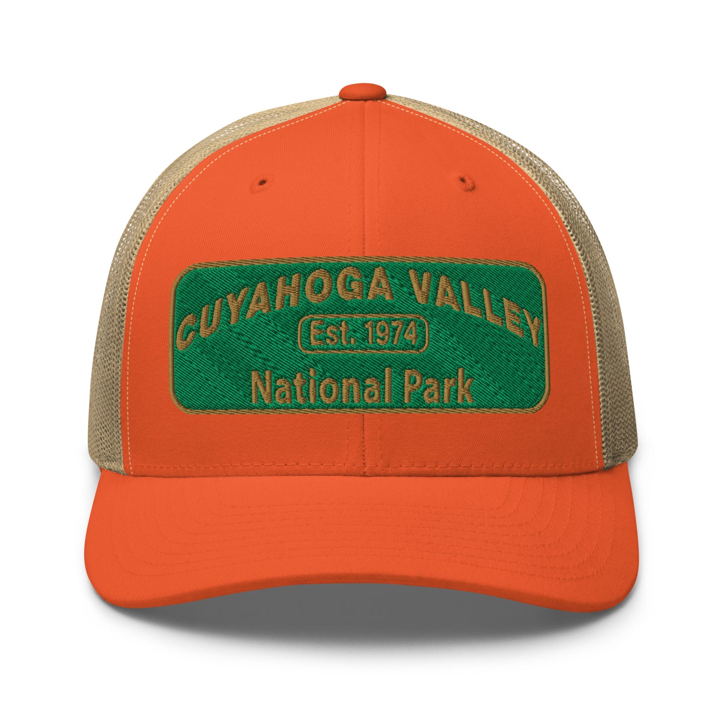 Cuyahoga National Park Hat with a green and gold embroidered national park styled patch on the front of a Yupoong 6606 orange/khaki trucker hat - front view.