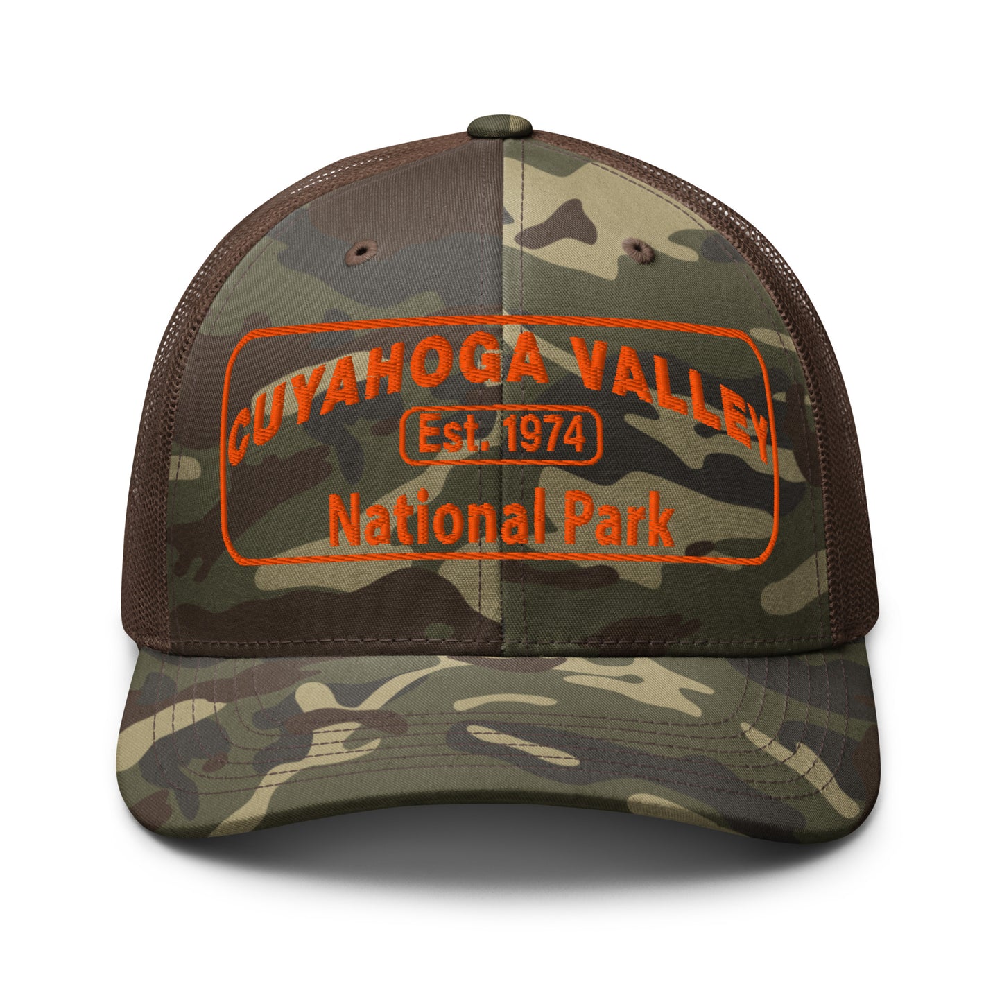 Cuyahoga National Park Camo Hat with a safey orange embroidered patch on an Otto 105-1247 camo/brown trucker hat - front view.