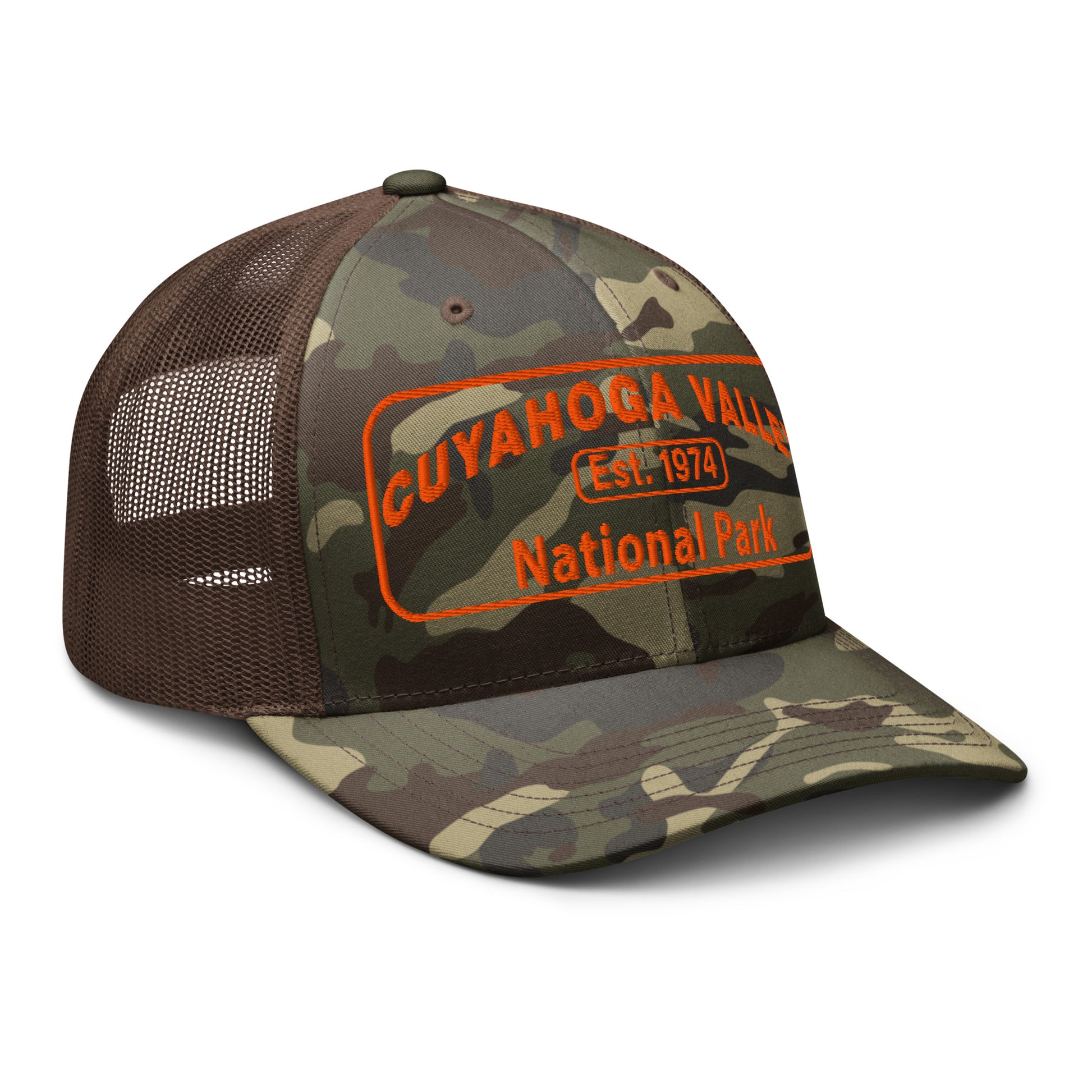 Cuyahoga National Park Camo Hat with a safey orange embroidered patch on an Otto 105-1247 camo/brown trucker hat - side view.