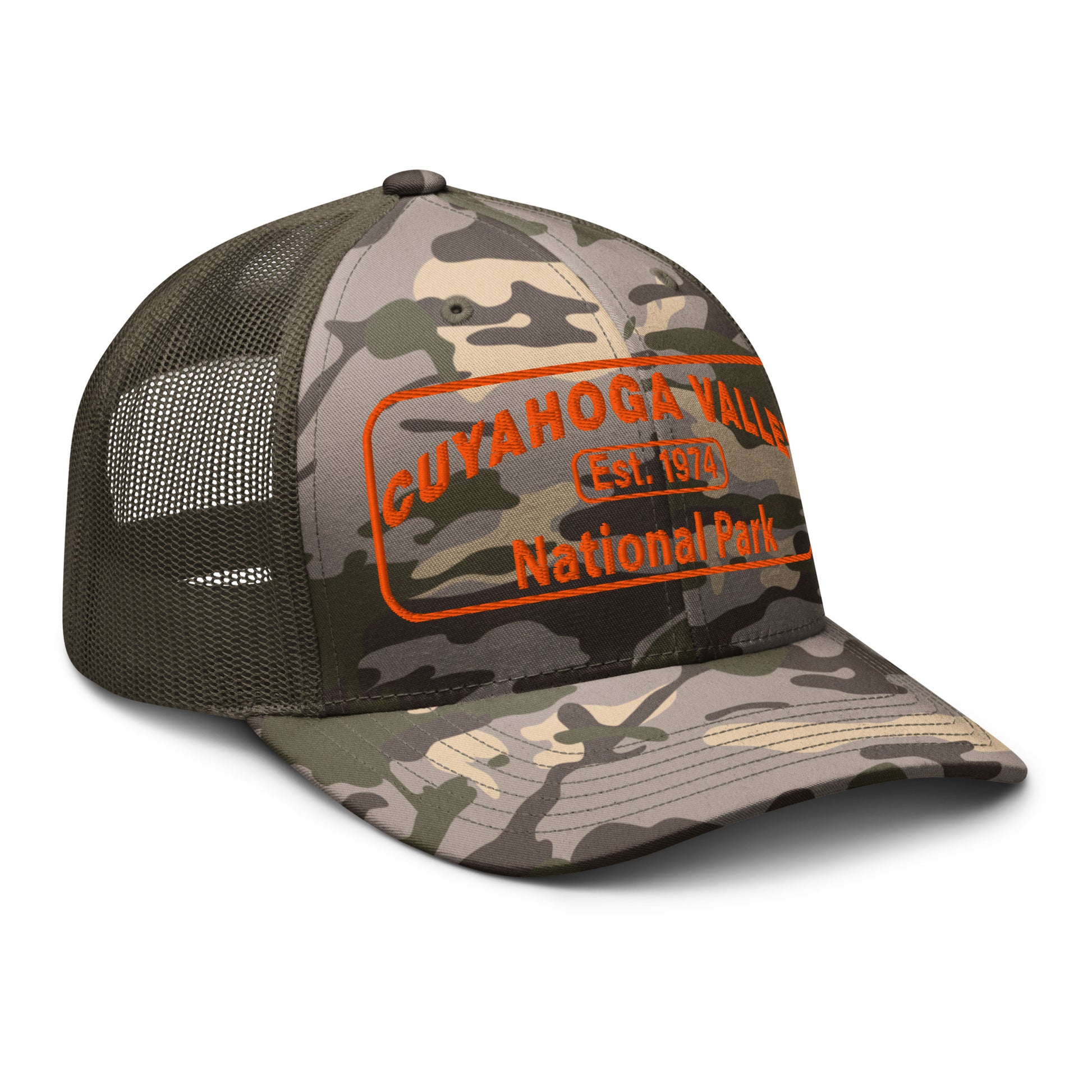 Cuyahoga National Park Camo Hat with a safey orange embroidered patch on an Otto 105-1247 camo/olive trucker hat - side view.