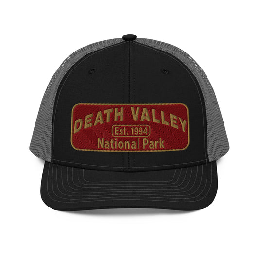 Death Valley National Park Hat - Maroon and Gold embroidered national park patch - Richardson 112 Trucker Hat - Front View - Color: Black/Charcoal