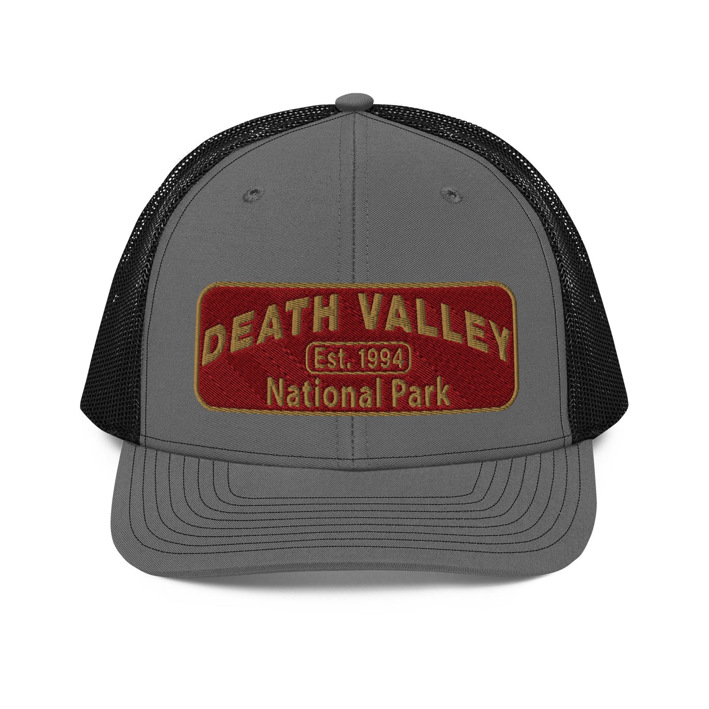 Death Valley National Park Hat - Maroon and Gold embroidered national park patch - Richardson 112 Trucker Hat - Front View - Color: Charcoal/Black