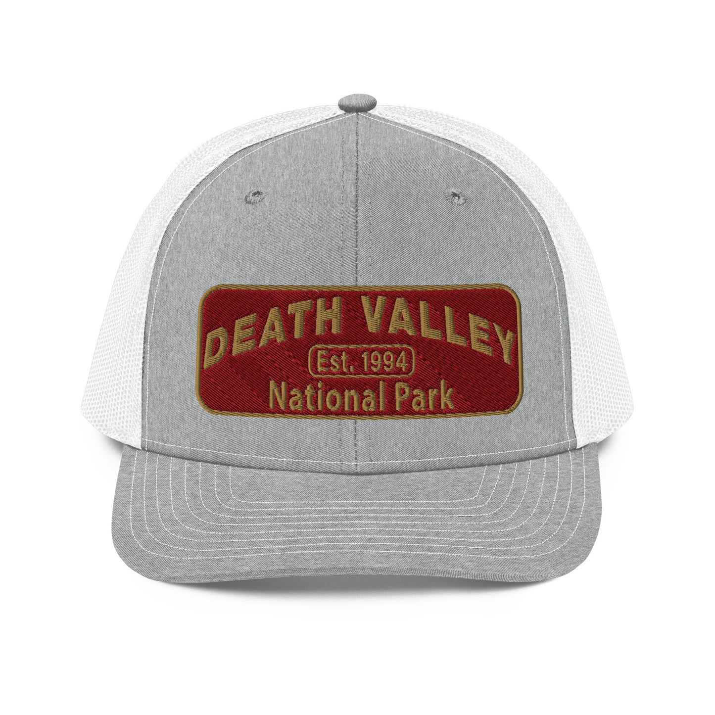 Death Valley National Park Hat - Maroon and Gold embroidered national park patch - Richardson 112 Trucker Hat - Front View - Color: Heather/White