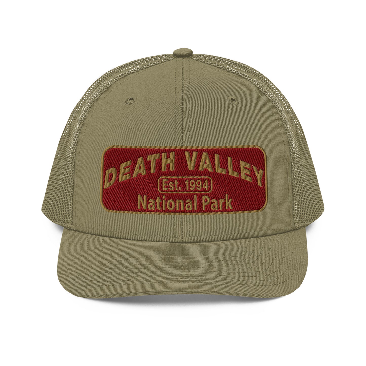 Death Valley National Park Hat - Maroon and Gold embroidered national park patch - Richardson 112 Trucker Hat - Front View - Color: Heather/White