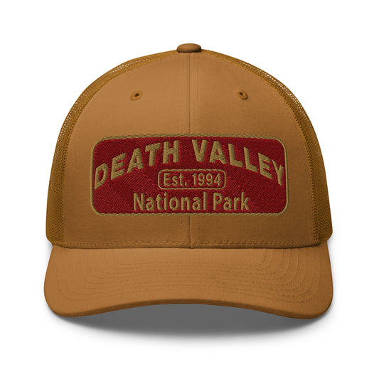 Death Valley National Park Hat - Maroon and Gold embroidered national park patch - Yupoong 6606 Trucker Hat - Front View - Color: Caramel
