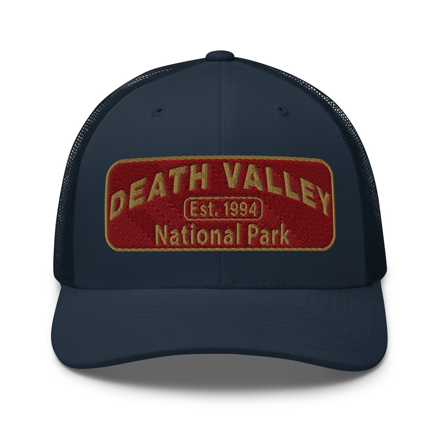 Death Valley National Park Hat - Maroon and Gold embroidered national park patch - Yupoong 6606 Trucker Hat - Front View - Color: Navy