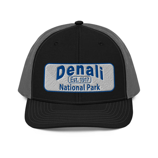 Denali National Park Hat - White Blue Embroidered Denali Park Logo - Richardson 112 Trucker Hat - Front View - Color: Black/Charcoal