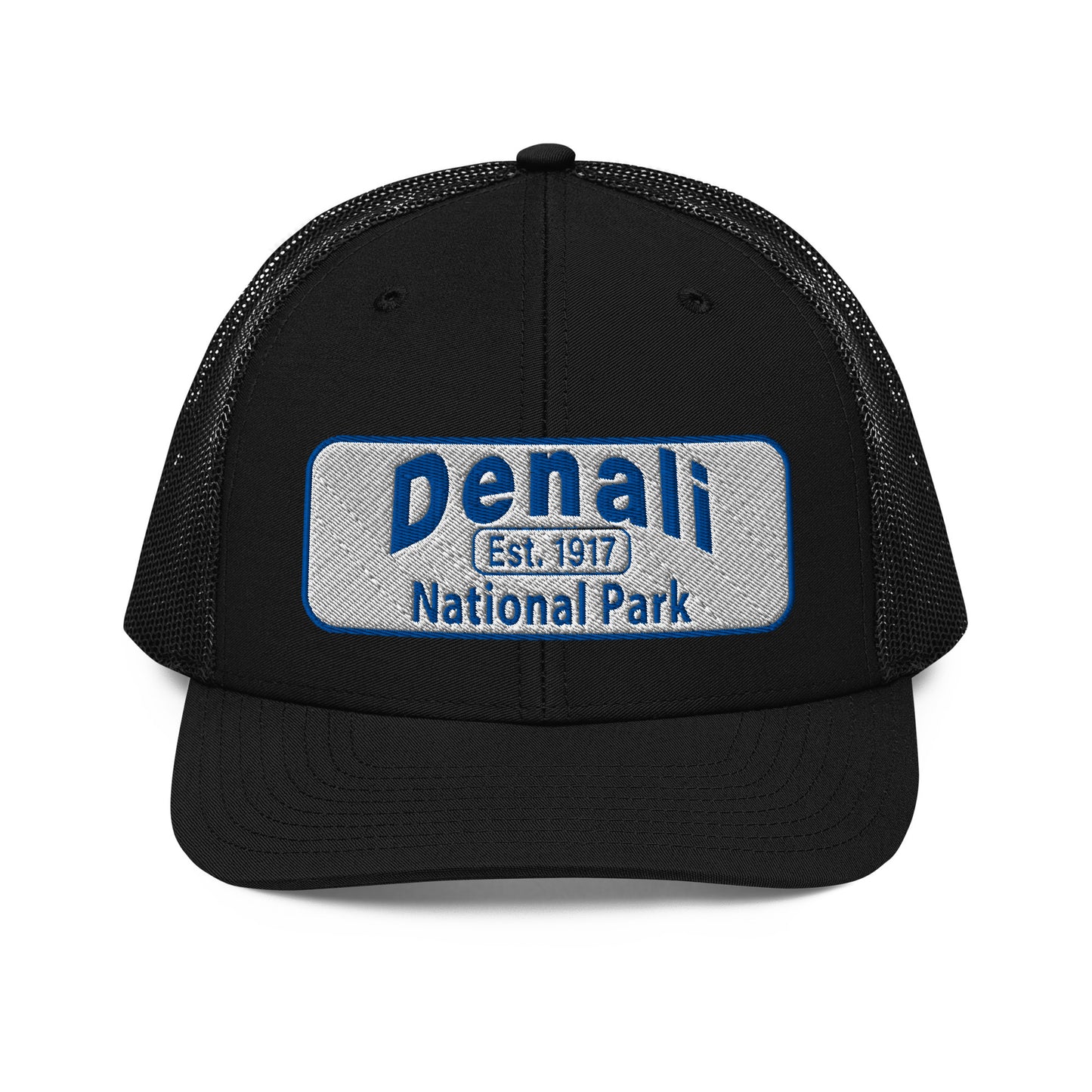 Denali National Park Hat - White Blue Embroidered Denali Park Logo - Richardson 112 Trucker Hat - Front View - Color: Black