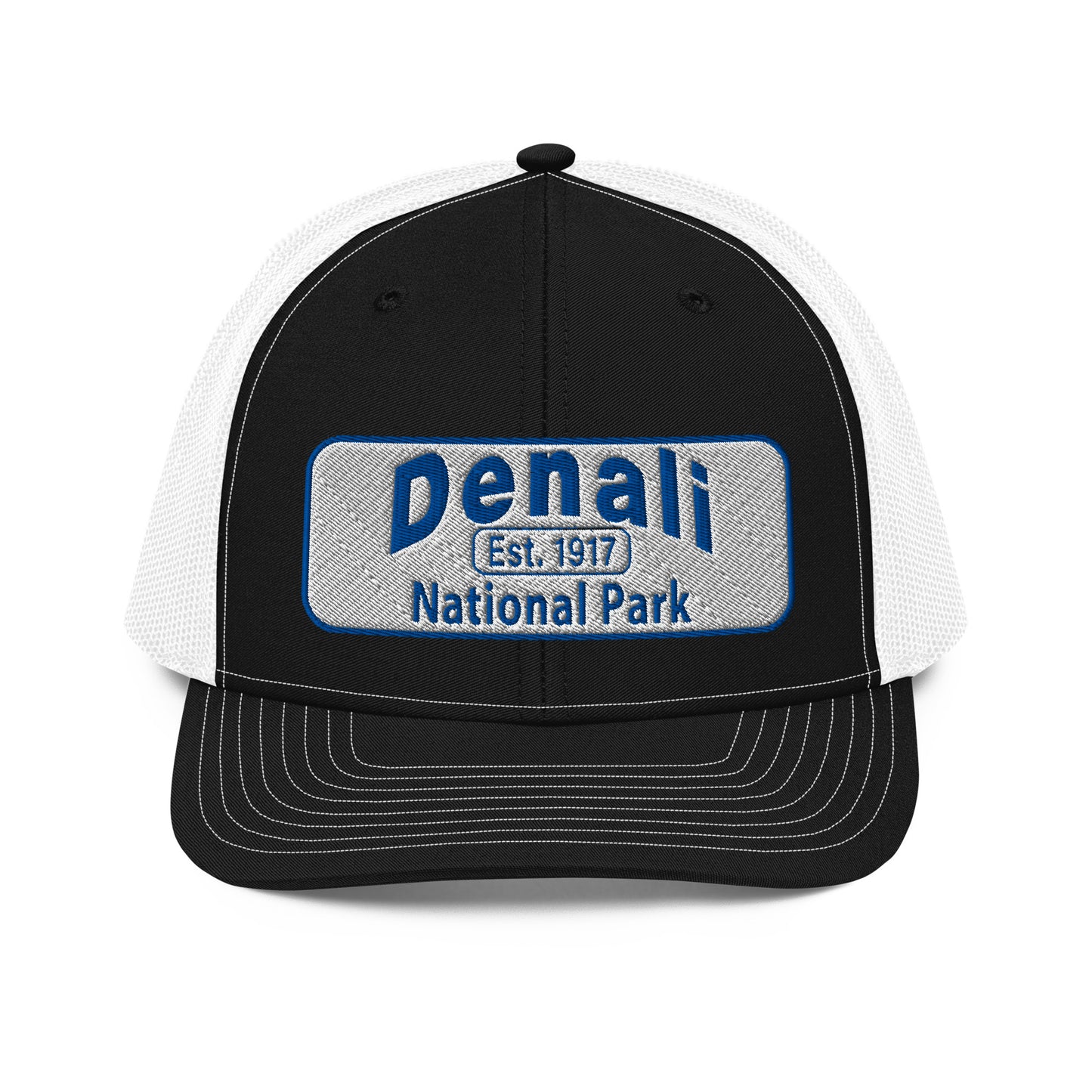 Denali National Park Hat - White Blue Embroidered Denali Park Logo - Richardson 112 Trucker Hat - Front View - Color: Black/White