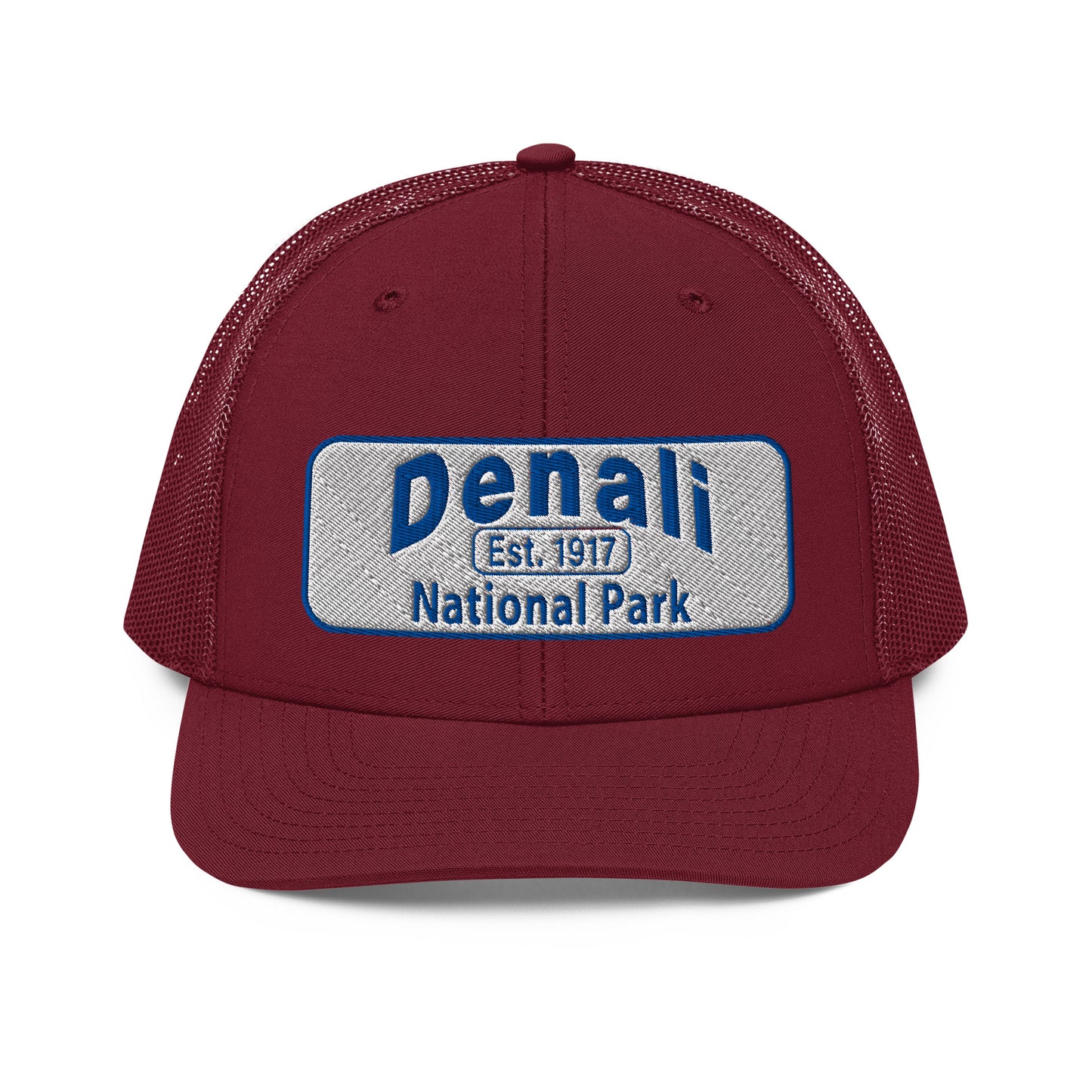 Denali National Park Hat - White Blue Embroidered Denali Park Logo - Richardson 112 Trucker Hat - Front View - Color: Cardinal