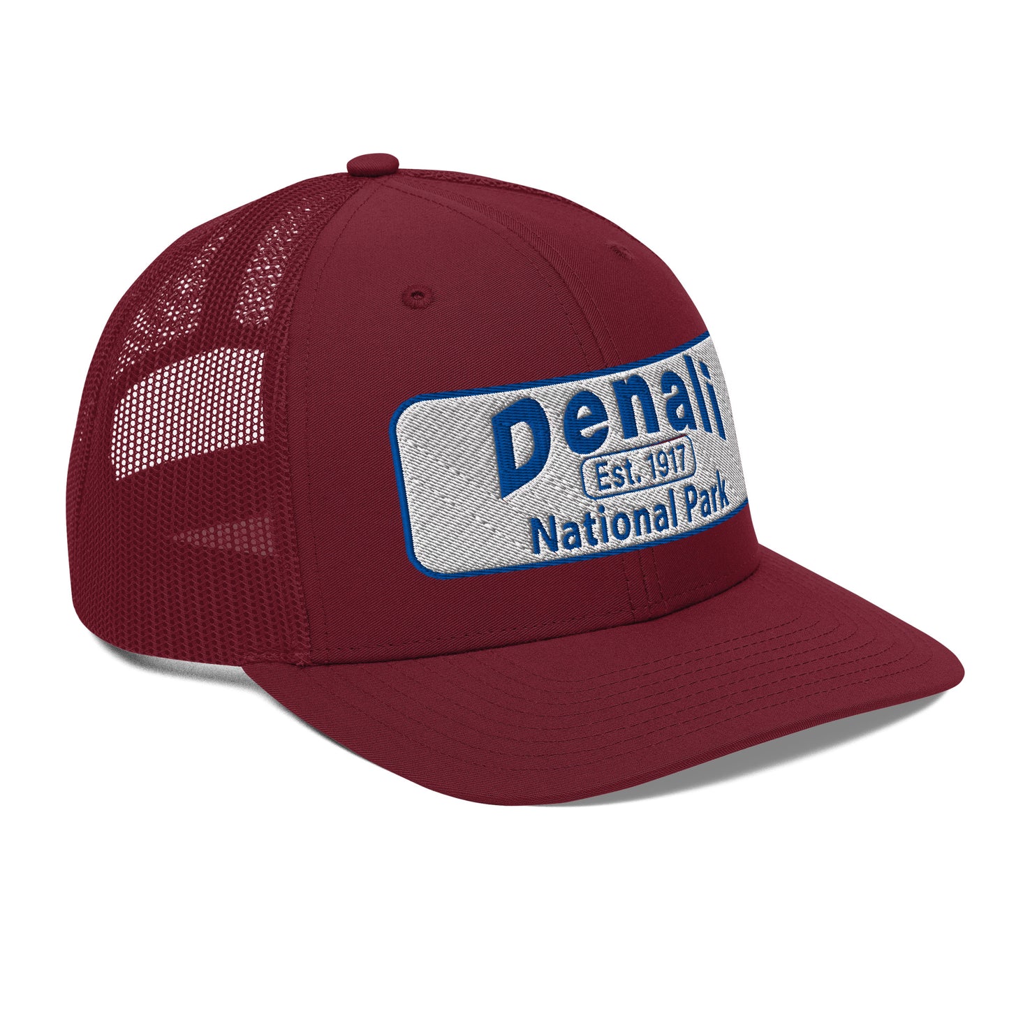 Denali National Park Hat - White Blue Embroidered Denali Park Logo - Richardson 112 Trucker Hat - Side View - Color: Cardinal