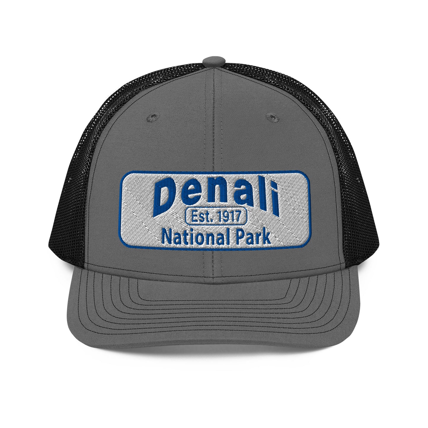 Denali National Park Hat - White Blue Embroidered Denali Park Logo - Richardson 112 Trucker Hat - Front View - Color: Charcoal/Black