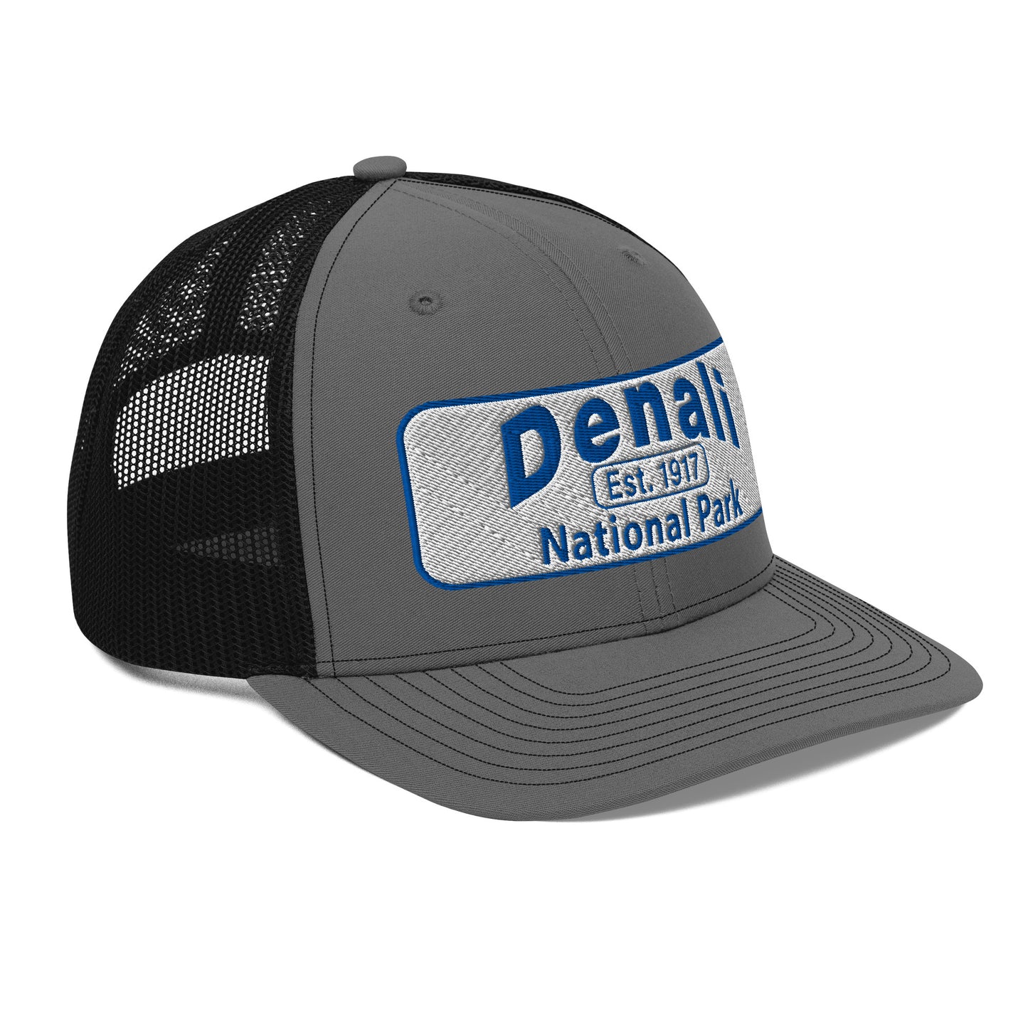Denali National Park Hat - White Blue Embroidered Denali Park Logo - Richardson 112 Trucker Hat - Side View - Color: Charcoal/Black