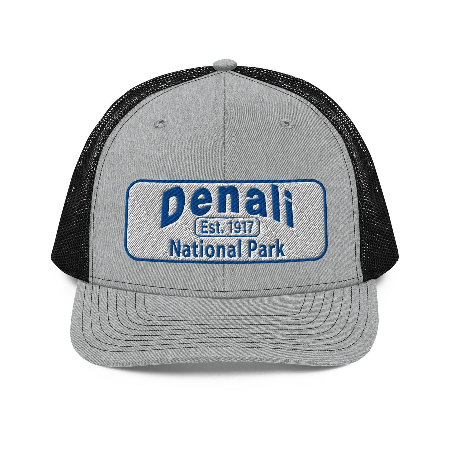 Denali National Park Hat - White Blue Embroidered Denali Park Logo - Richardson 112 Trucker Hat - Front View - Color: Heather/Black