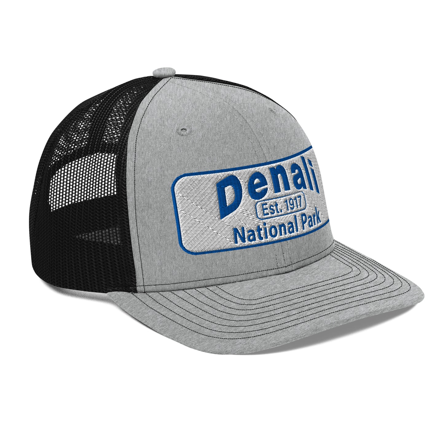 Denali National Park Hat - White Blue Embroidered Denali Park Logo - Richardson 112 Trucker Hat - Side View - Color: Heather/Black
