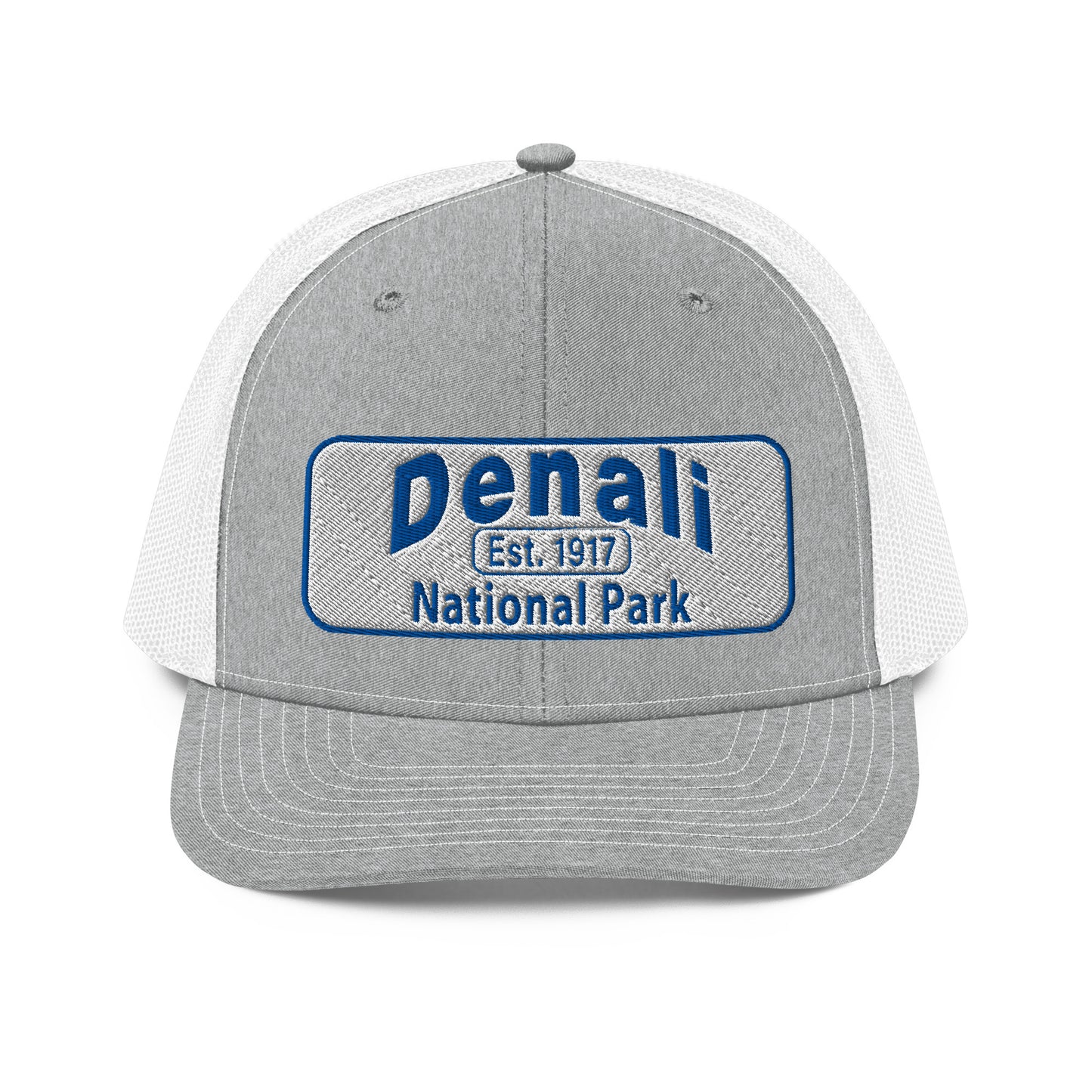 Denali National Park Hat - White Blue Embroidered Denali Park Logo - Richardson 112 Trucker Hat - Front View - Color: Heather/White