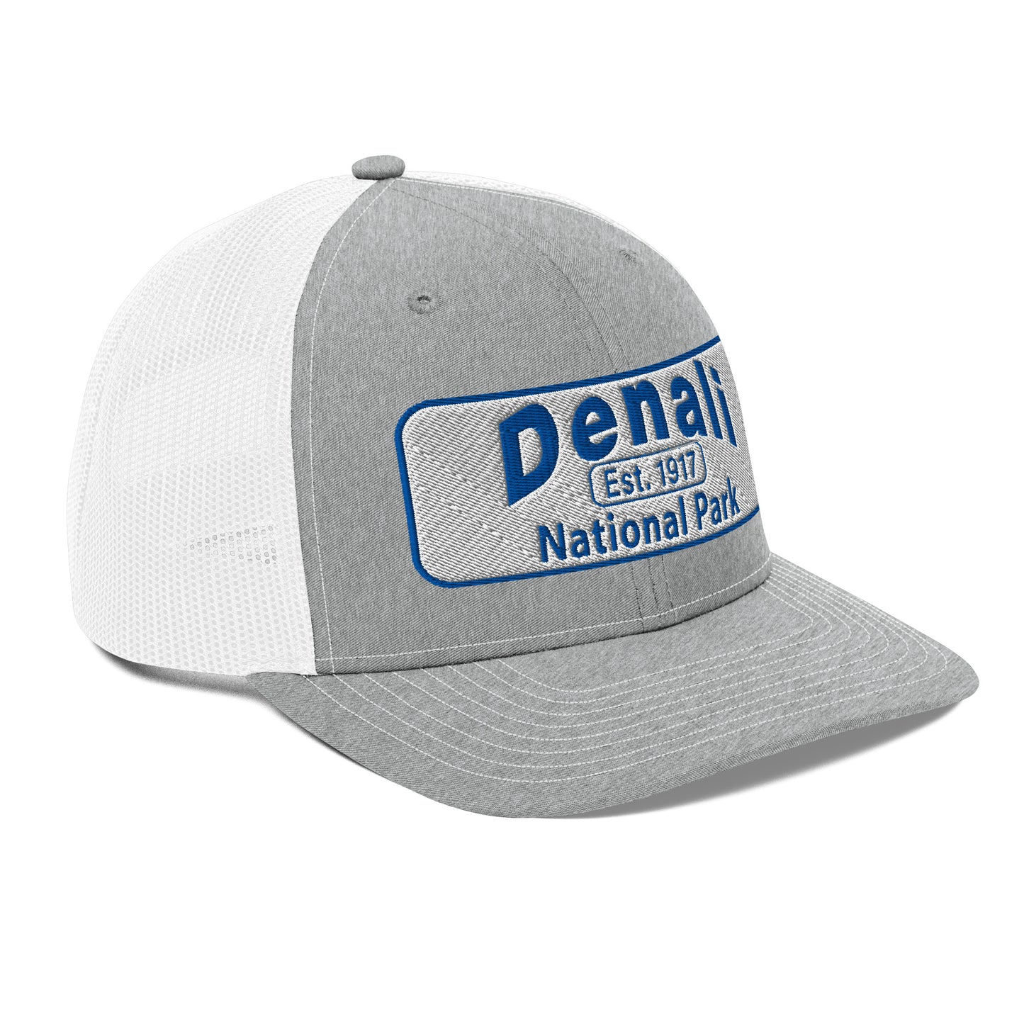 Denali National Park Hat - White Blue Embroidered Denali Park Logo - Richardson 112 Trucker Hat - Side View - Color: Heather/White