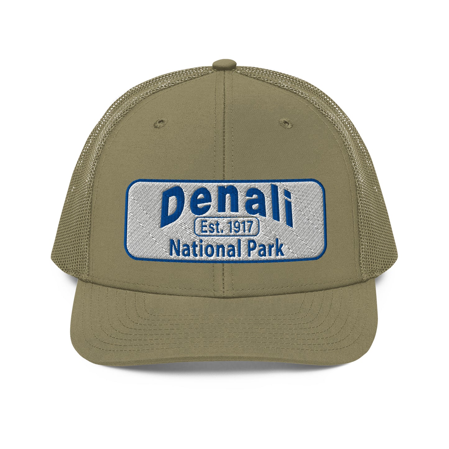 Denali National Park Hat - White Blue Embroidered Denali Park Logo - Richardson 112 Trucker Hat - Front View - Color: Loden