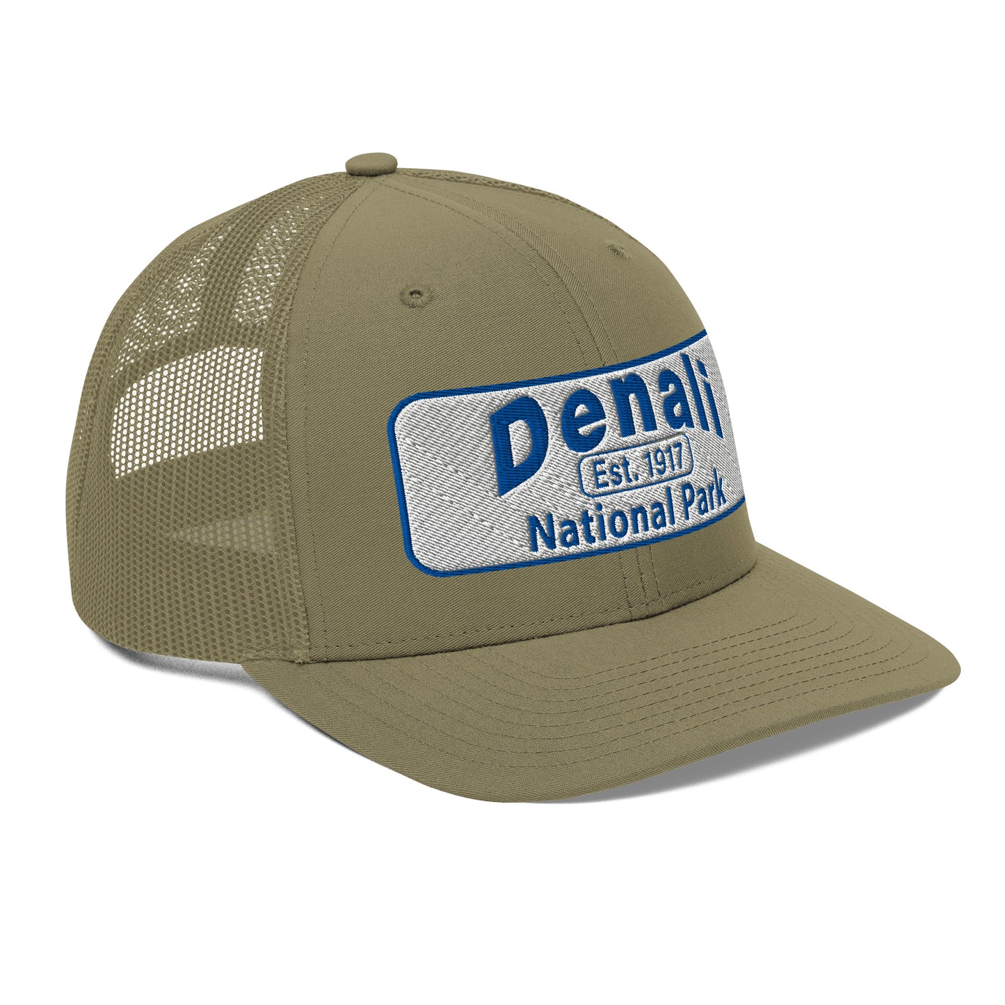 Denali National Park Hat - White Blue Embroidered Denali Park Logo - Richardson 112 Trucker Hat - Side View - Color: Loden