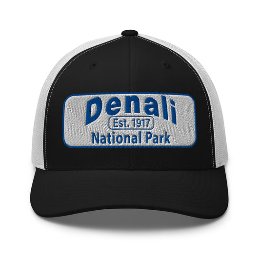 Denali National Park Hat - White Blue Embroidered Denali Park Logo - Yupoong 6606 Trucker Hat - Front View - Color: Black/White