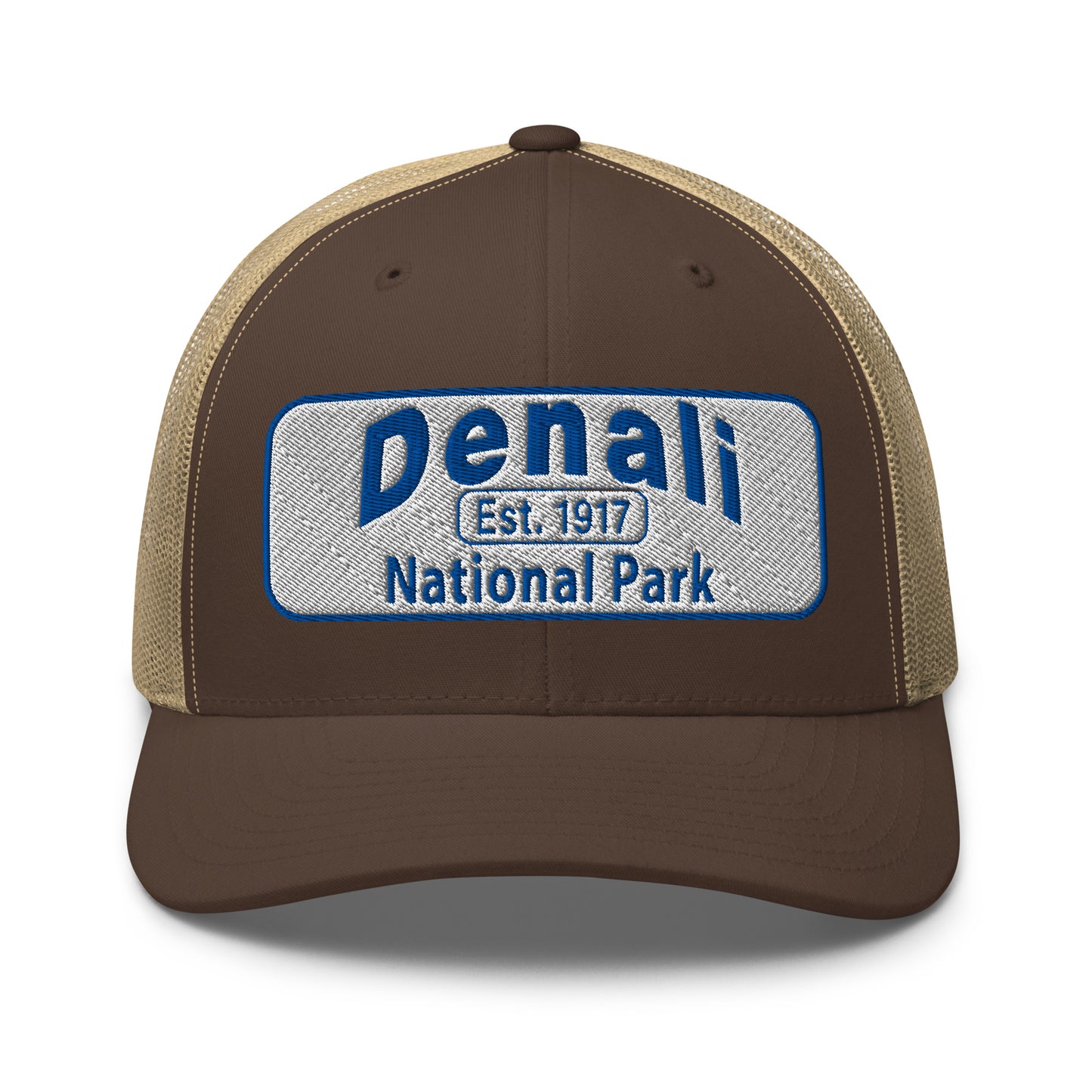 Denali National Park Hat - White Blue Embroidered Denali Park Logo - Yupoong 6606 Trucker Hat - Front View - Color: Brown/Khaki