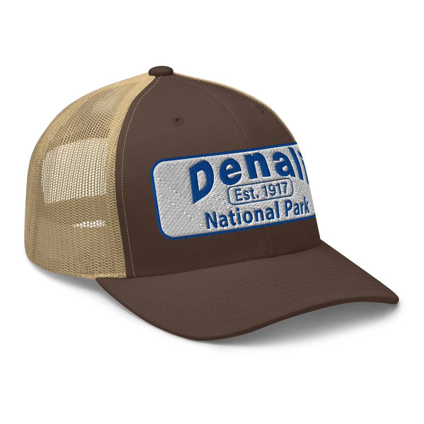Denali National Park Hat - White Blue Embroidered Denali Park Logo - Yupoong 6606 Trucker Hat - Side View - Color: Brown/Khaki