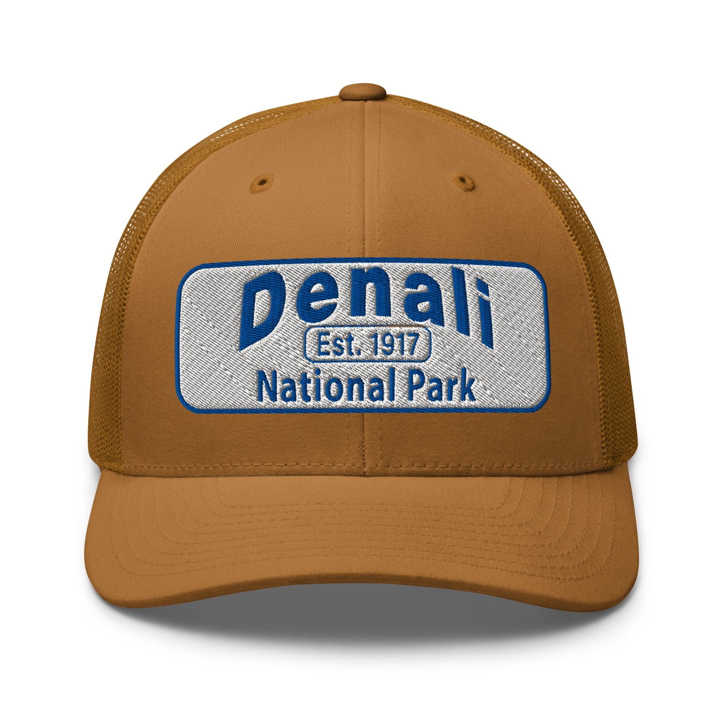 Denali National Park Hat - White Blue Embroidered Denali Park Logo - Yupoong 6606 Trucker Hat - Front View - Color: Caramel