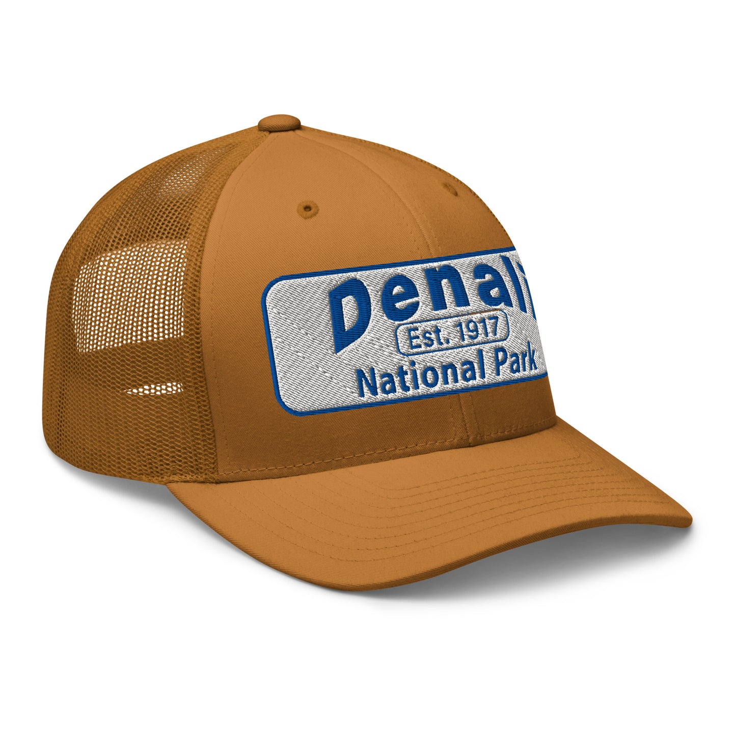 Denali National Park Hat - White Blue Embroidered Denali Park Logo - Yupoong 6606 Trucker Hat - Side View - Color: Caramel