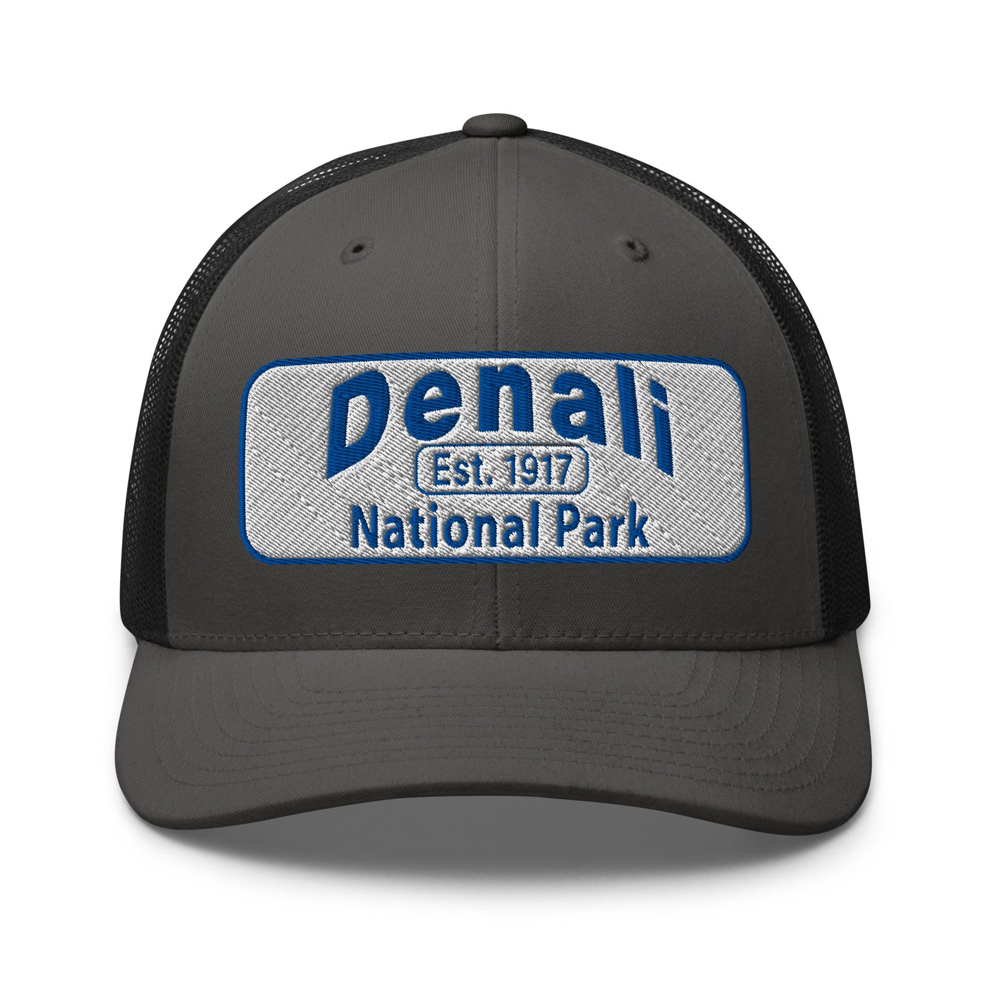Denali National Park Hat - White Blue Embroidered Denali Park Logo - Yupoong 6606 Trucker Hat - Front View - Color: Charcoal/Black