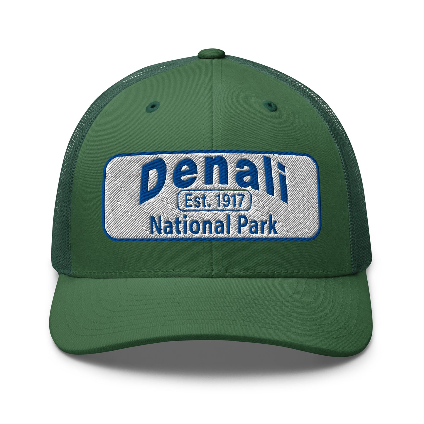 Denali National Park Hat - White Blue Embroidered Denali Park Logo - Yupoong 6606 Trucker Hat - Front View - Color: Evergreen