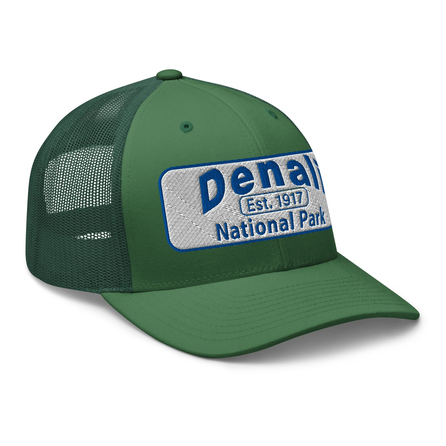 Denali National Park Hat - White Blue Embroidered Denali Park Logo - Yupoong 6606 Trucker Hat - Side View - Color: Evergreen