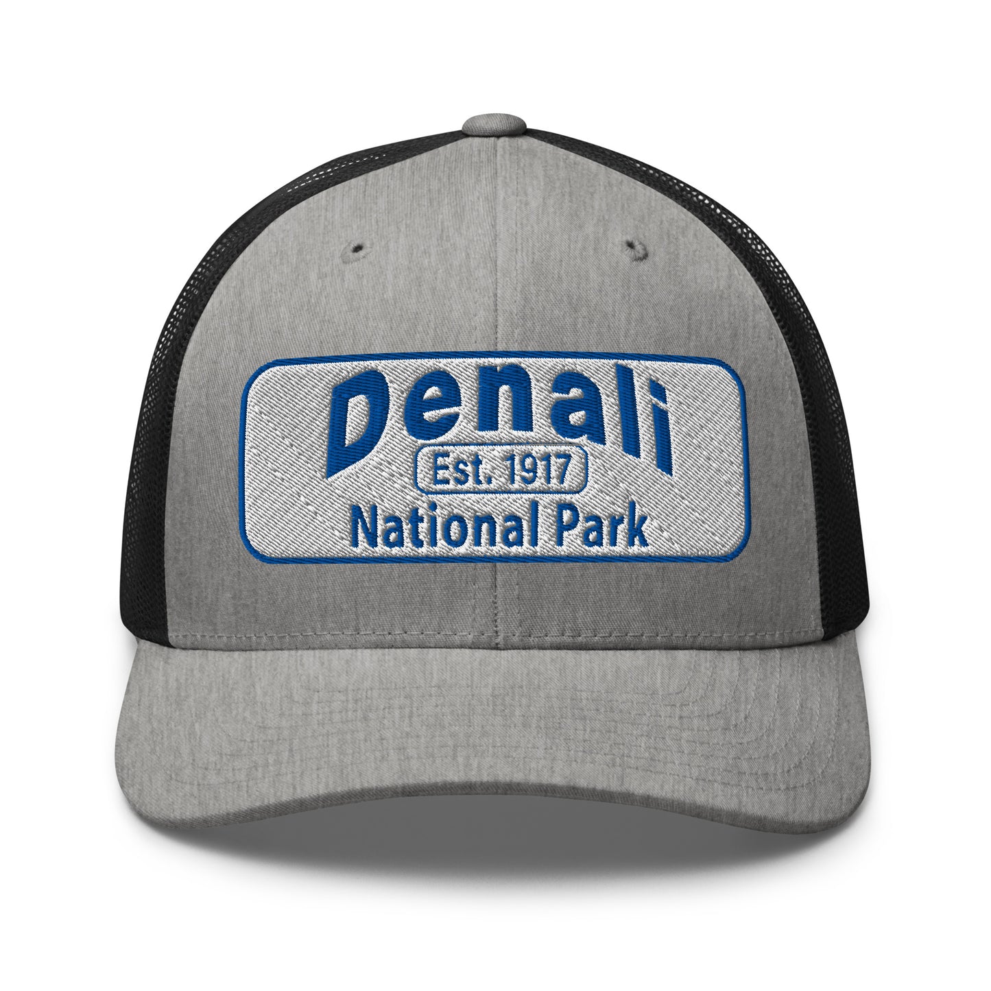 Denali National Park Hat - White Blue Embroidered Denali Park Logo - Yupoong 6606 Trucker Hat - Front View - Color: Heather/Black